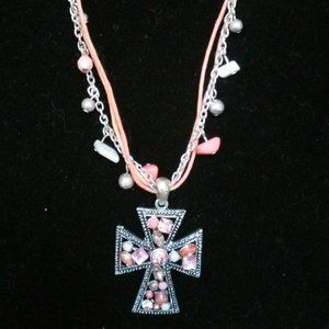 Silver and Coral Necklace with Cross Pendant